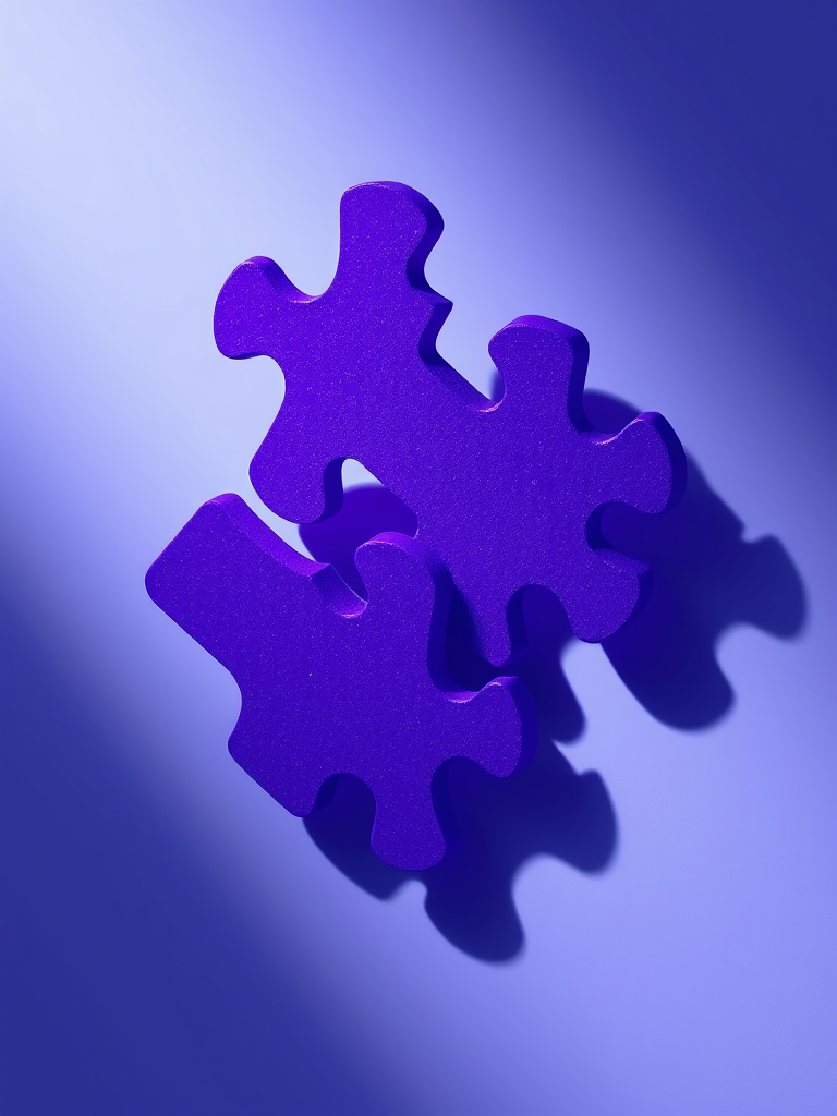 Create a high-resolution illustration of two interlocking purple puzzle pieces viewed from a slight angle, using a Canon EOS R5 with a 50mm lens at f/1.8, ISO 100, and a soft light setup to enhance the shadows and highlights.