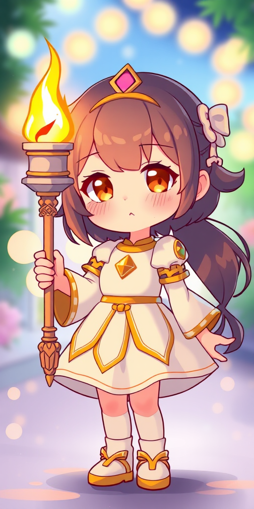 Create a vibrant illustration of a chibi-style character holding a torch, wearing a white dress with golden accents, standing in a bright, cheerful background, shot with a Canon EOS R5, aperture f/1.8, 35mm lens, soft lighting, and a shallow depth of field for a dreamy effect.