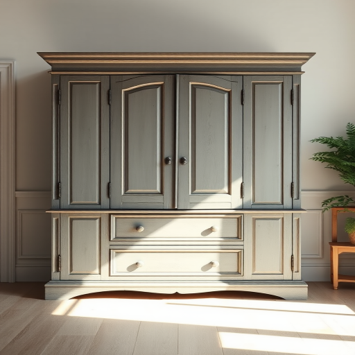 Create a detailed and realistic depiction of a vintage gray wooden wardrobe with two doors and two drawers in a bright, well-lit room, using a DSLR camera with a 50mm lens, f/2.8 aperture, ISO 100, shot at eye level to enhance depth and texture.