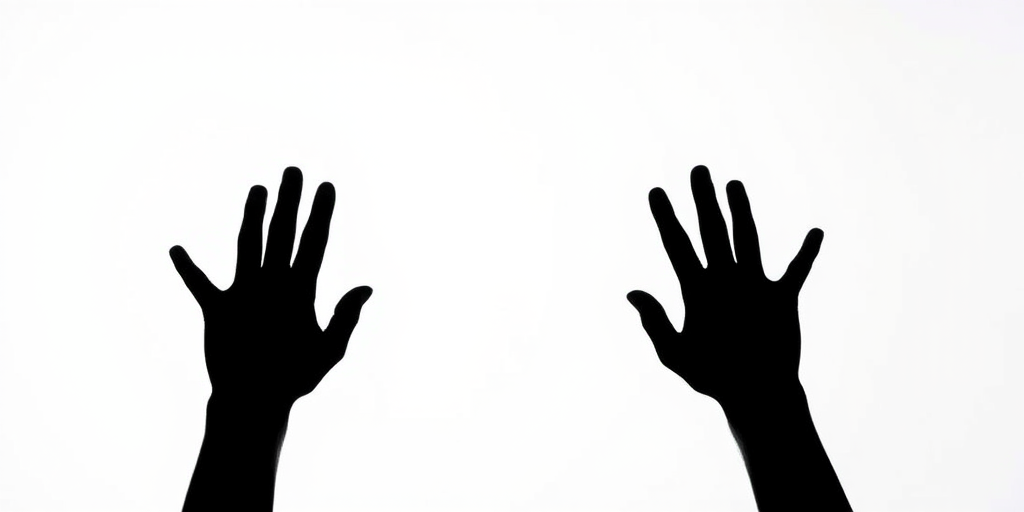 high-contrast silhouette of raised hands against a white background, Canon EOS R5, ISO 100, f/8, 1/250s, portrait view, soft shadow effect, minimalistic style