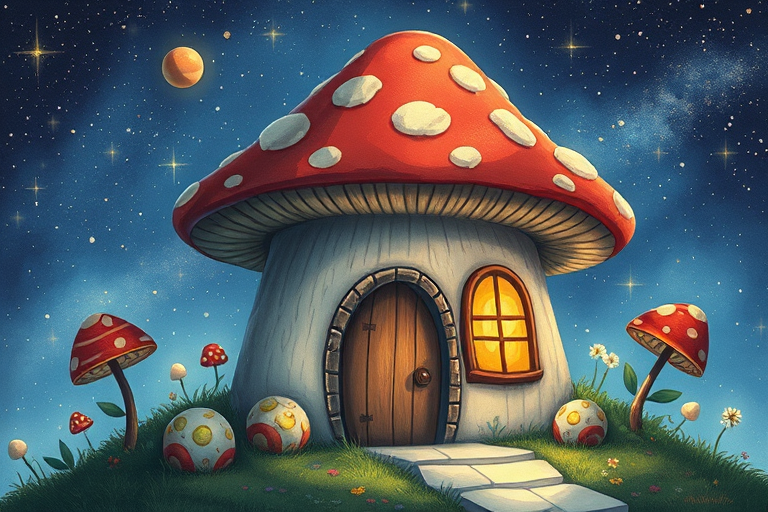 imagine illustration of a mushroom house with a door and a window, a storybook , fantasy art, mushroom house, bg starry sky, sparkles