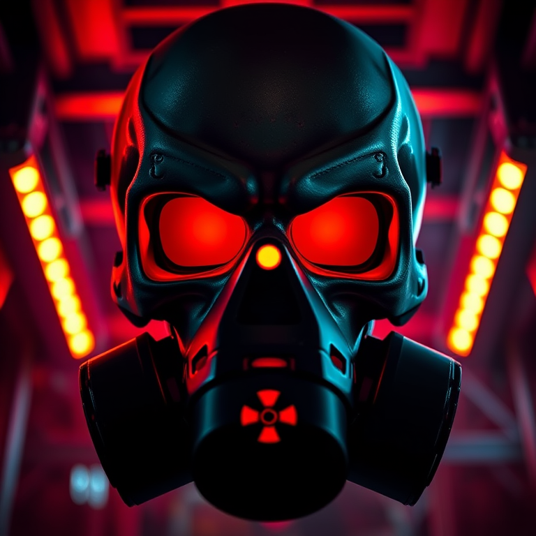 Create a high-resolution image of a stylized skull with glowing red eyes and a gas mask, featuring a radioactive symbol at the center, using a Canon EOS R5, 50mm lens, f/1.8, ISO 100, shot in a dramatic low-angle view with a focus on vibrant colors and sharp details.