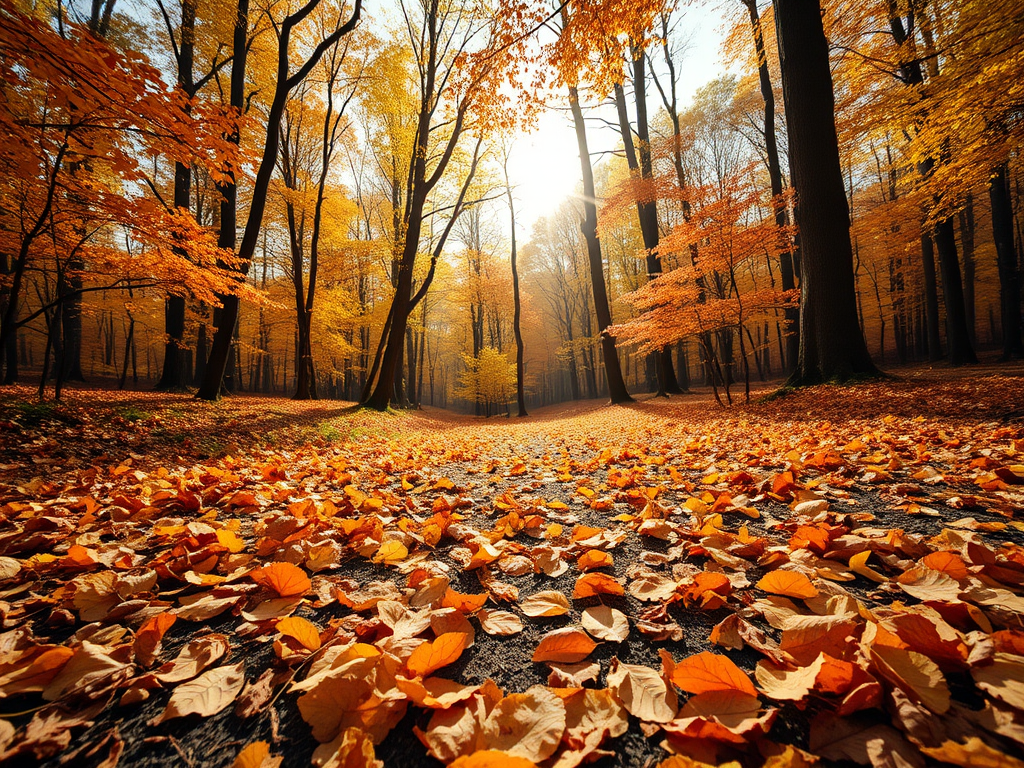 autumn forest path with fallen leaves in vibrant orange and yellow hues, soft sunlight filtering through trees, low angle shot, shallow depth of field, ISO 100, f/2.8, 1/60 sec, DSLR camera, wide-angle lens