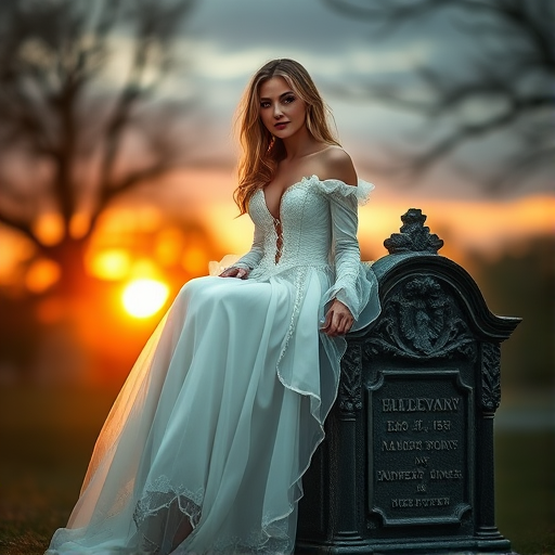 Create a highly detailed fantasy portrait of a woman in an ethereal white gown sitting on an ornate gravestone at sunset, with dramatic lighting and a moody atmosphere, using a full-frame DSLR camera, aperture f/1.8, shutter speed 1/200 sec, ISO 100, focal length 50mm, with a soft focus background and enhanced color saturation.