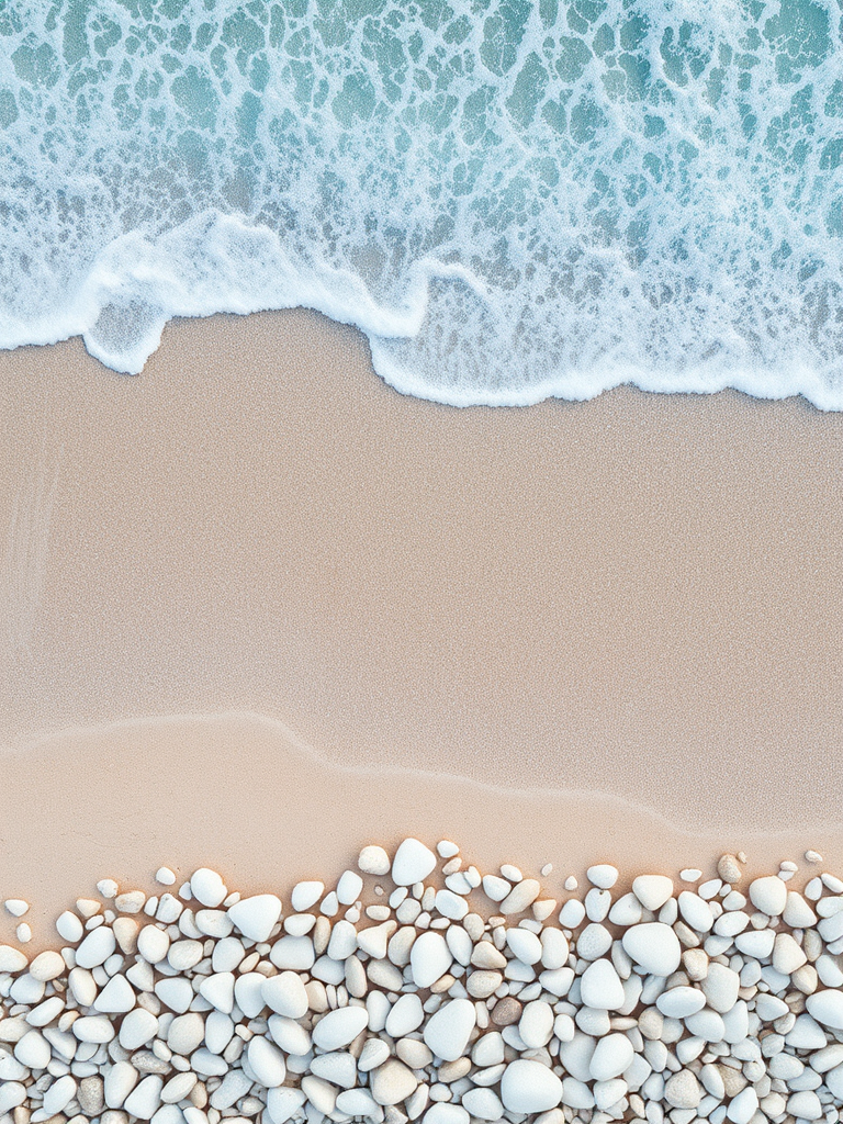 aerial view of a sandy beach with smooth white pebbles and gentle waves lapping at the shore, capturing the vibrant turquoise water and detailed textures of the stones, taken with a Canon EOS 5D Mark IV, f/8 aperture, ISO 100, 1/200 sec shutter speed, high dynamic range for enhanced colors and clarity