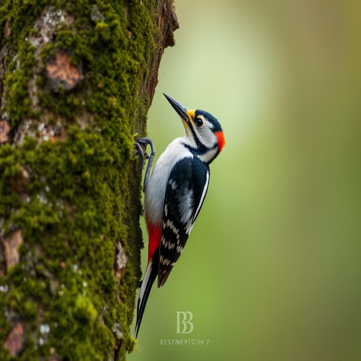 Regenerate a high-resolution image of a woodpecker perched on a moss-covered tree trunk, using a DSLR camera with a 300mm lens, aperture set to f/4, ISO 400, shutter speed 1/250s, in soft natural light with a shallow depth of field.