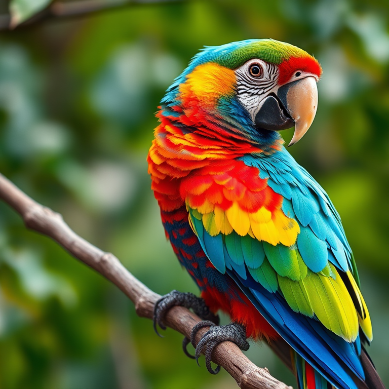 Regenerate a vibrant illustration of a colorful parrot perched on a branch, using a high-resolution camera with an aperture of f/4, shutter speed of 1/250s, ISO 100, shot in macro view, in natural lighting, captured with a DSLR camera.