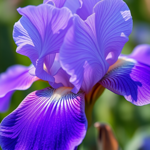 Create a highly detailed illustration of a blue iris flower, using a macro lens with a wide aperture of f/2.8 for soft background blur, focus on vibrant purple hues and intricate petal textures, shot in natural light to enhance color saturation, using a digital camera with a 100mm lens for crisp detail.