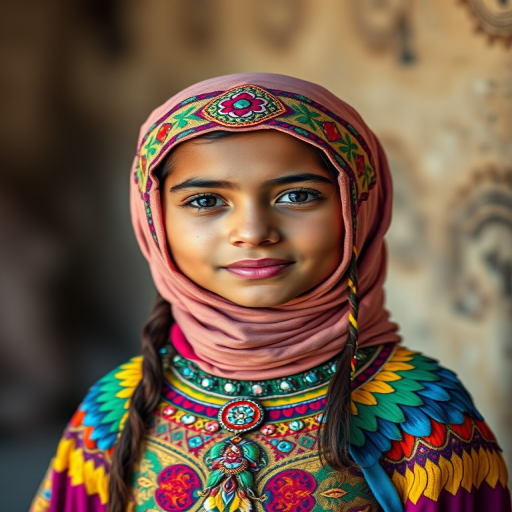 A beautiful Coptic girl, wearing colorful bird clothing with vibrant colors