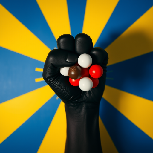 Generate an image of a black fist holding a cluster of red and white balls, with bold yellow rays emanating from the background, shot with a Canon EOS R5 at f/8, ISO 100, 1/250s, in a high-contrast, vibrant style, top-down view.