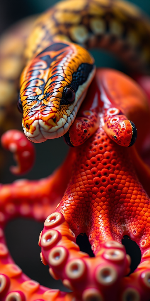 Create a high-resolution image of a snake entwined with an octopus, focusing on vibrant colors and intricate details, shot with a DSLR camera at 50mm, f/2.8 aperture, ISO 100, in natural light, with a slight depth of field to emphasize the subjects in a clear, captivating way.