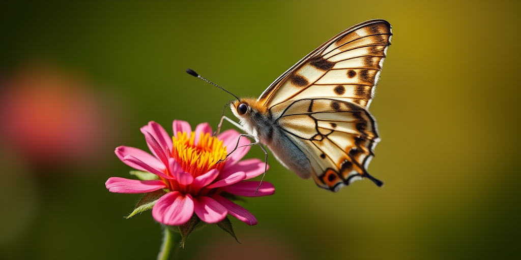 macro photograph of a butterfly perched on a flower bud, shallow depth of field, f/2.8, 1/200s, ISO 100, 85mm lens, natural light, Canon EOS 5D Mark IV