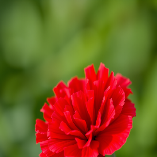 Close-up of a vibrant red carnation flower with sharp focus and blurred green background, taken with a DSLR camera at f/2.8 aperture, ISO 100, 50mm lens, natural light, macro photography style.