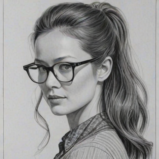 Stunning Summer Glau, pencil sketch, portrait of Ravishing woman 1962s in glasses, hair style beatnik, outline, clear lines, fine lines, 8k