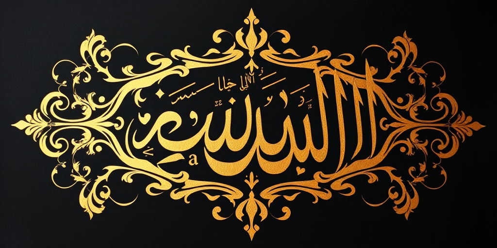 Create an intricate, gold Arabic calligraphy design on a black background featuring the names of Allah and Muhammad, shot with a Canon EOS R5 at f/2.8, ISO 100, 50mm lens, top-down view, using soft focus for a glowing effect.