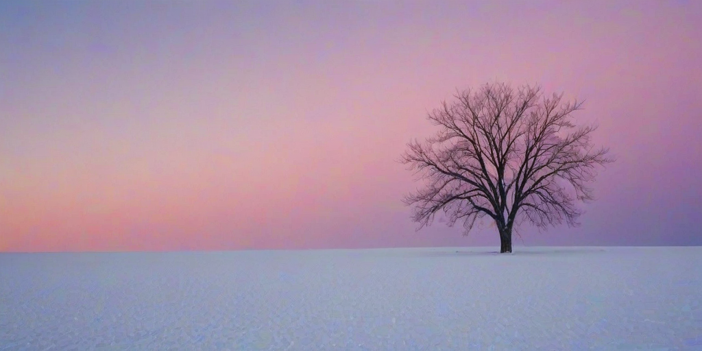 Sharp, high-contrast photo of a lone tree standing in a vast, snow-covered field at dusk, soft pink and purple hues painting the sky, shadows stretching across the snow, and a sense of isolation and beauty.