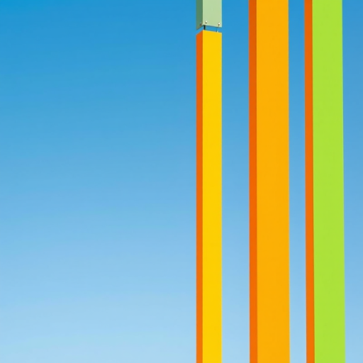 Create an abstract graphic featuring vertical bars in shades of orange, yellow, and green against a gradient blue sky background, using a wide-angle lens with an aperture of f/8, ISO 100, and a high dynamic range to enhance color vibrancy and clarity.
