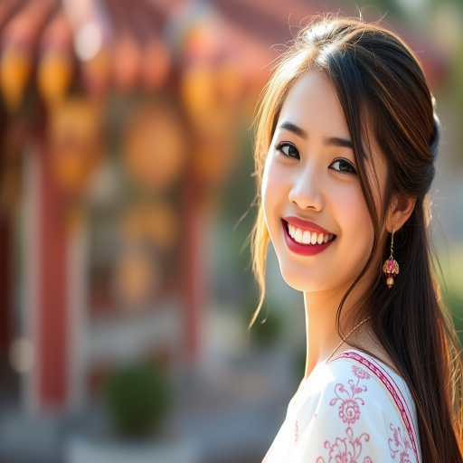 portrait of a young woman wearing a traditional white dress smiling outdoors, natural light, shallow depth of field, 85mm lens, f/1.8, ISO 100, 1/200s, soft bokeh background, taken with a DSLR camera