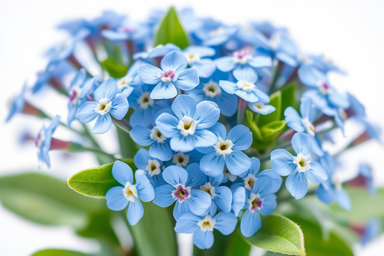 Generate a high-resolution illustration of a bouquet of blue forget-me-not flowers with detailed petals and leaves, using a macro lens with f/2.8 aperture, ISO 100, and a 50mm lens in a soft light studio setting.