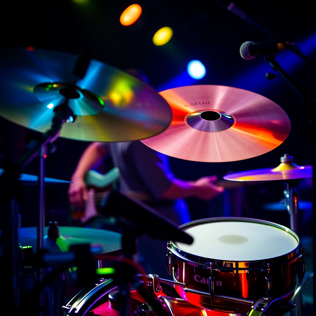 Capture a vibrant close-up of a drum kit with illuminated cymbals and a bass guitar in the background, using a Canon EOS R5 at f/1.8, 1/100s, ISO 400, in a low-light concert setting with a shallow depth of field for a bokeh effect.
