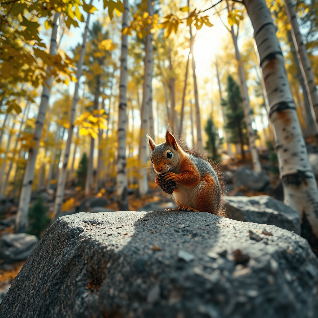 HD 8k close up of aspen trees , make the leaves have a bright but deep glowing effect, add black lines to highlight and detail the bark and leaves. The sun shines through a portion. Add some rock formations scattered throughout the forest area.  Place a squirrel close up on the rock formation. The view is eye level with the squirrel. The squirrel is cute and plump while he is trying to open a pine cone. Add a few dark green pine trees randomly.