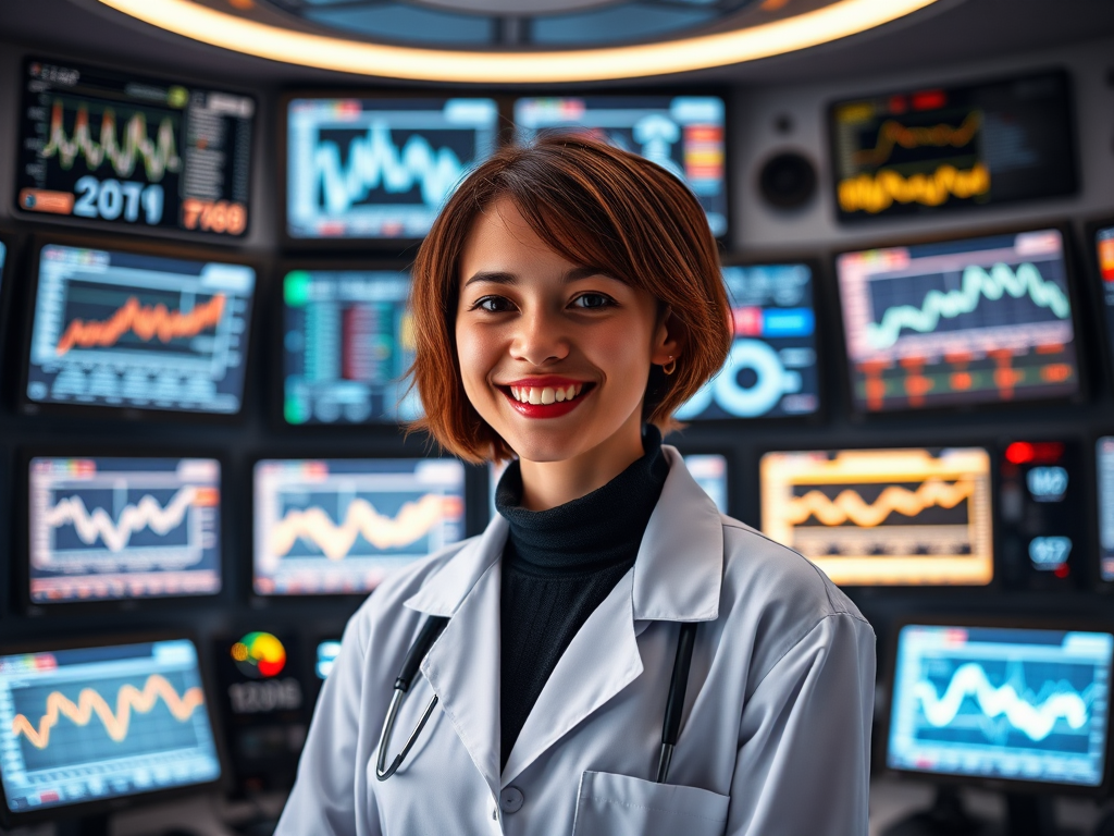 Create an image of a young woman with short brown hair wearing a lab coat, smiling and standing in a high-tech control room surrounded by multiple glowing monitors displaying complex data and graphs, using a DSLR camera with a 50mm lens, aperture set to f/1.8, ISO 400, shot from a slightly low angle to emphasize the monitors in the background for a cinematic look.
