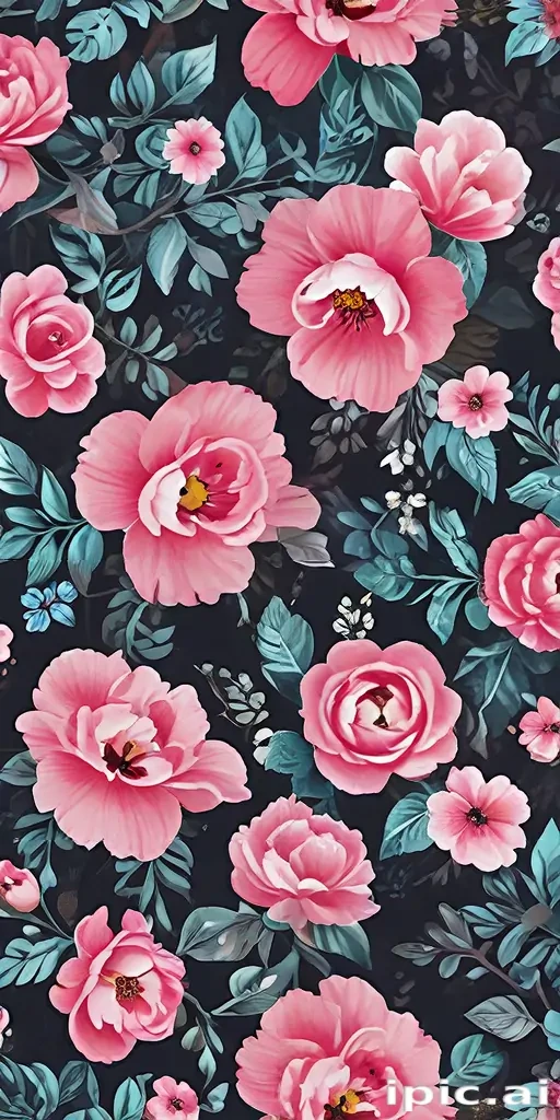 Vibrant Floral Pattern Featuring Pink Blooms Against a Dark Background