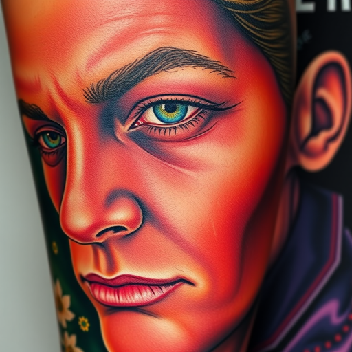 Hyper-realistic color portrait tattoo called "Living Canvas" showcasing a lifelike human face with incredible detail, texture, and depth using a full spectrum of vivid colors