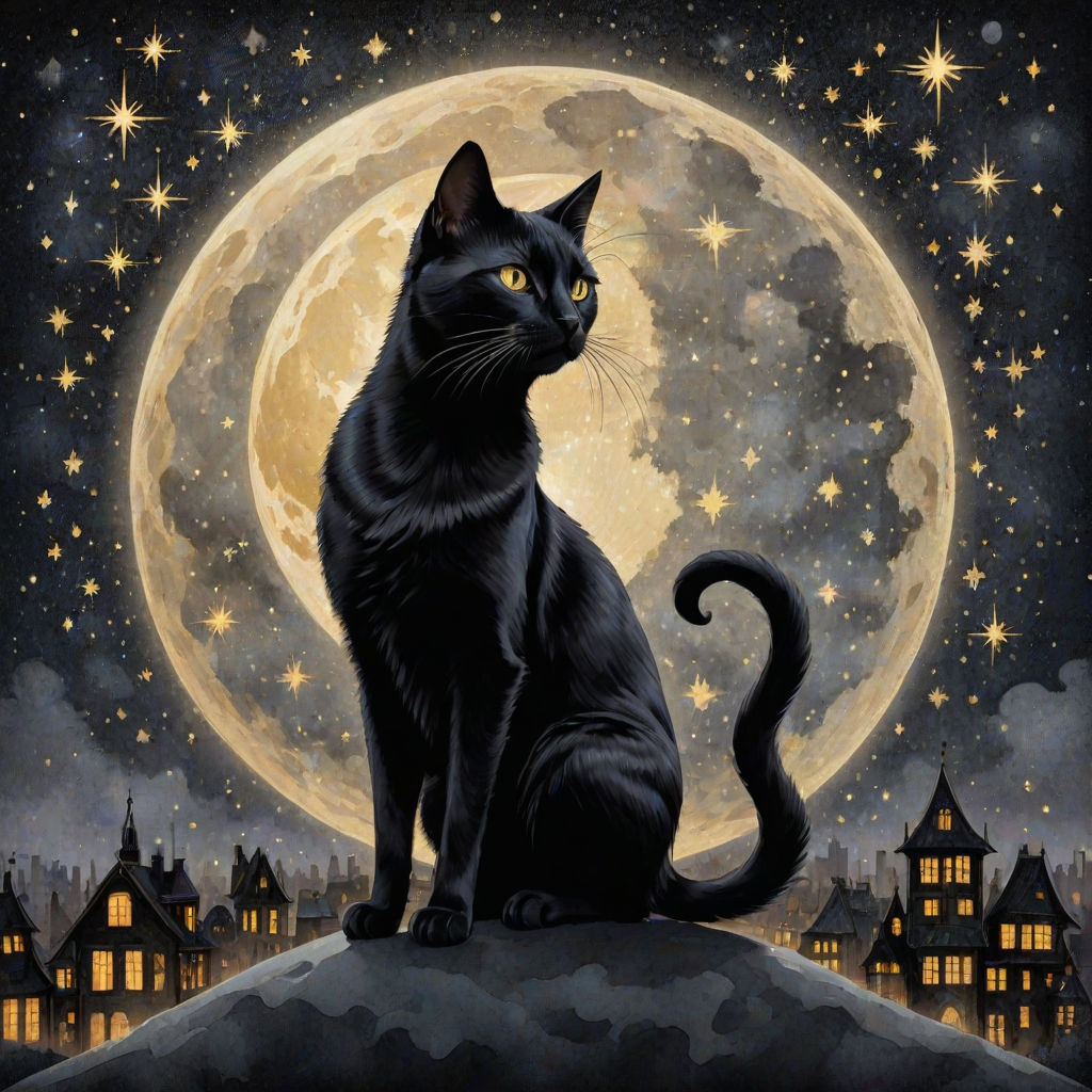 a stylized black cat with iridescent golden arabesques all over its body, on a grungy smoky black background with matching celestial designs, a full moon with silhouettes of lit houses, bright shooting stars, dazzling, magical BG, reminiscent of Christmas wonderland