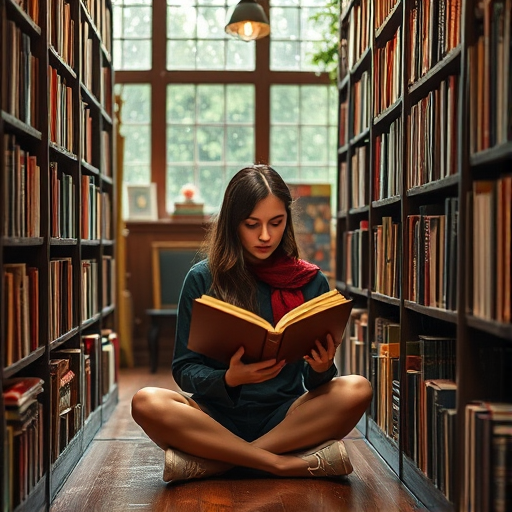 Charming bookstore on a rainy day, the sound of raindrops tapping against the window, a woman sits cross-legged on the floor between shelves, reading an old leather-bound book.