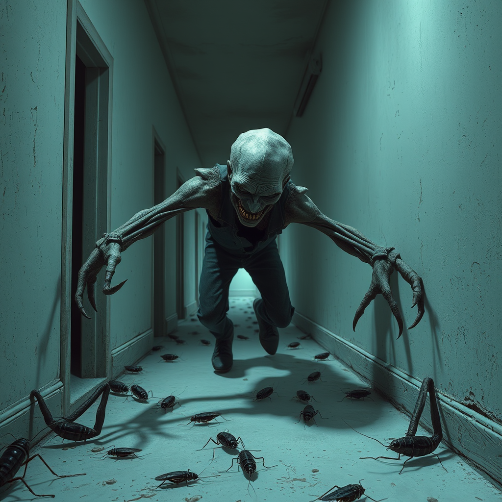 a crooked male with long arms and a creepy smile is crawling along a long white corridor and you can also see cockroaches in it there is a creepy atmosphere creepy art style