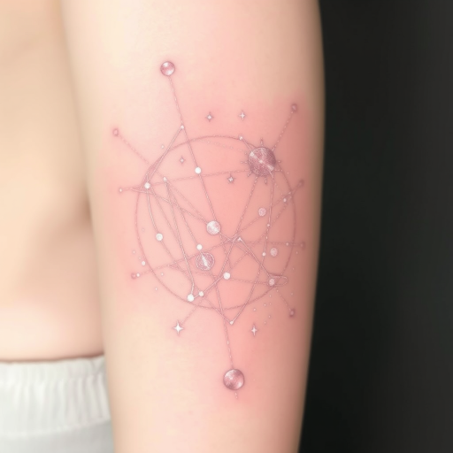 Ethereal white ink tattoo called "Celestial Whispers" showcasing a delicate constellation map of stars and planets connected by gossamer-thin lines barely visible against the skin creating a subtle shimmer effect that becomes more prominent in certain lighting conditions incorporating microscopic details of cosmic phenomena such as nebulae and galaxies rendered in varying opacities of white ink to create depth and dimension