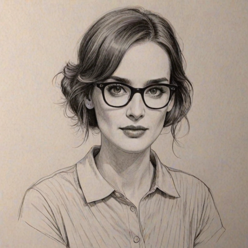 Superb Winona Ryder, pencil sketch, portrait of Attractive woman 1925s in glasses, hair style beatnik, outline, clear lines, fine lines, 8k