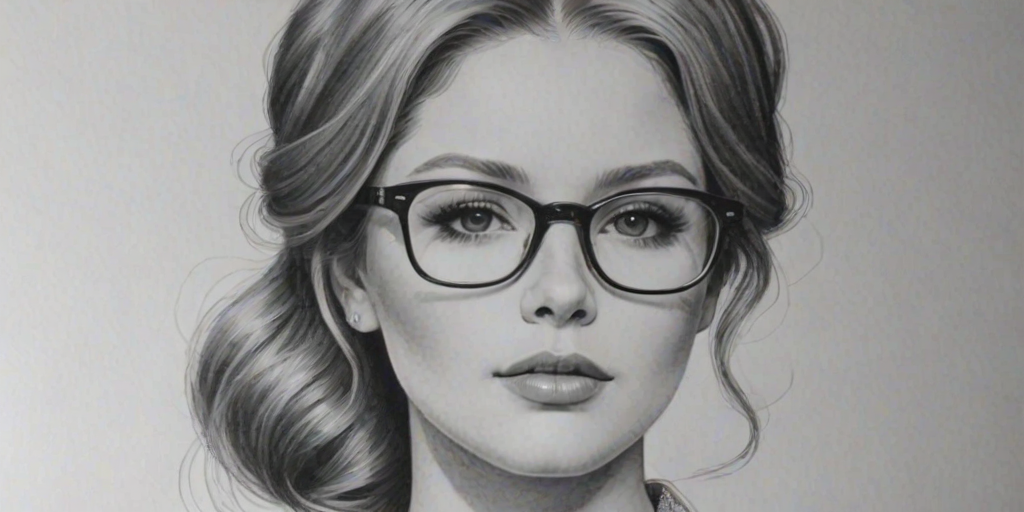 Resplendent Renee Olstead, pencil sketch, portrait of Fetching woman 1972s in glasses, hair style beatnik, outline, clear lines, fine lines, 8k