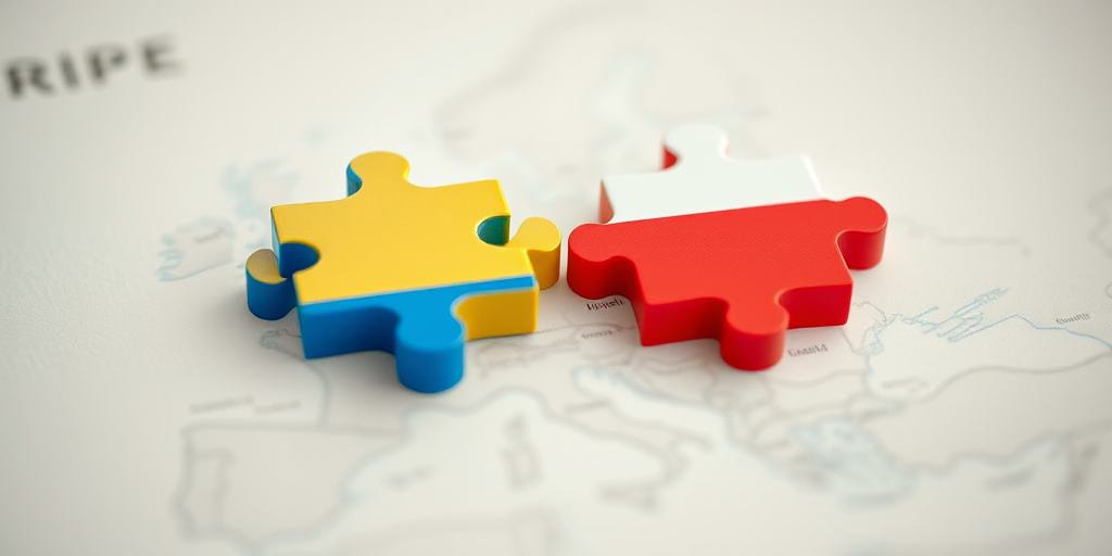 Create a 3D illustration of two puzzle pieces, one in blue and yellow representing Ukraine and the other in red and white representing Russia, placed over a subtle map of Europe, with a soft focus background, using a DSLR camera with a 50mm lens, aperture f/2.8, ISO 100, and a slight tilt-shift effect for depth.