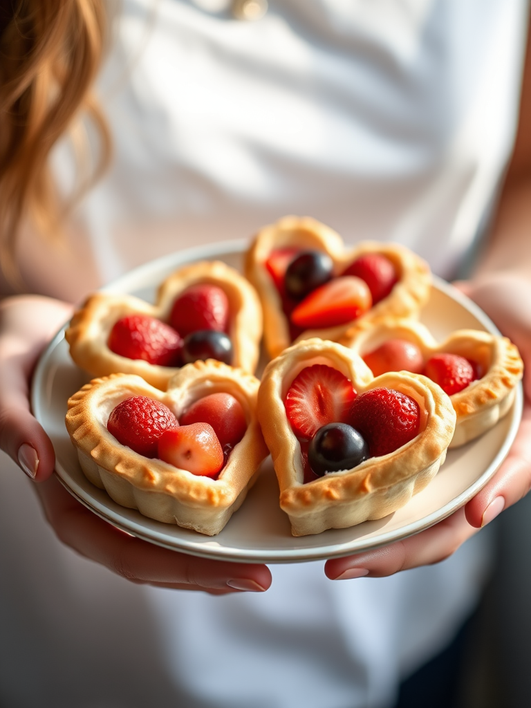 close-up of a person holding a plate of heart-shaped pastries filled with strawberries and grapes, soft natural lighting, 50mm f/1.8 lens, aperture 1.8, shallow depth of field, DSLR camera, vibrant colors, focus on the pastries with a blurred background