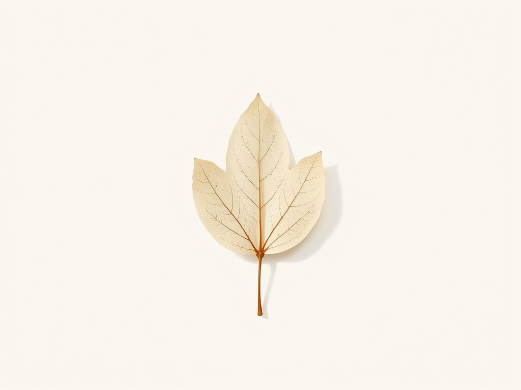 Create a minimalistic illustration of a single leaf with soft, neutral tones and a clean outline on a light background, use a DSLR camera with a 50mm lens, set aperture to f/2.8 for a shallow depth of field, ISO 100 for clarity, and capture in natural daylight for enhanced color accuracy.
