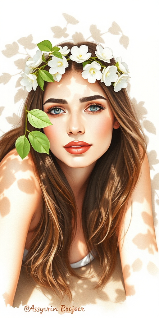 create a watercolor painting of an ethereal portrait of beautiful Assyrian woman with a simple white flower crown on her head. Her hair is long and she is lying on the ground. The sunlight on the trees casts shadows from the leaves on her face and body. The background is a neutral brown color that matches her skin tone. The image is minimalist and solid colors. This style is characterized by soft, delicate brushstrokes and a light, airy, contrasting color palette. High level of detail and play of light