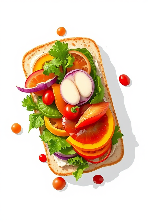 Create a vibrant illustration of a sandwich filled with colorful vegetables and sauces, using a DSLR camera with a 50mm lens, f/2.8 aperture, soft lighting, and a slightly above angle view to enhance details and textures.