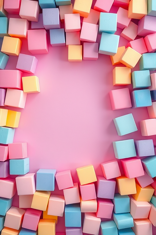 Create a vibrant frame filled with colorful pastel squares and cubes arranged in a chaotic but balanced manner, shoot with a DSLR camera at f/2.8, ISO 100, 50mm lens, shallow depth of field, top-down view, high dynamic range.