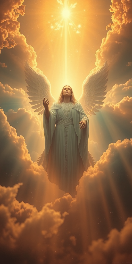 Create an ethereal image of a majestic figure in a heavenly setting, surrounded by luminous clouds and golden light beams, captured with a full-frame DSLR camera at f/2.8, ISO 100, 1/250 sec shutter speed, using a wide-angle lens to enhance depth and foreground details, with a soft focus to create a dreamlike atmosphere.