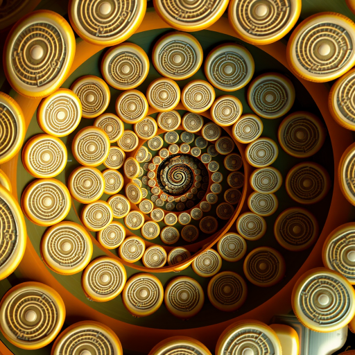 create a high-resolution image of a spiraling pattern of oval shapes with intricate designs, using a DSLR camera, 50mm lens, f/8 aperture, ISO 100, shutter speed 1/125s, top-down view, vibrant colors, and sharp focus on the center of the spiral.
