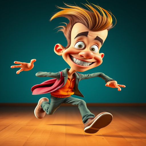 Create a vibrant cartoon character of a quirky, exaggerated man with a large head and a goofy smile running energetically, using bright colors and dynamic poses, captured in a wide-angle view with a digital camera set to f/8, ISO 200, and a shutter speed of 1/500s for enhanced clarity and detail.
