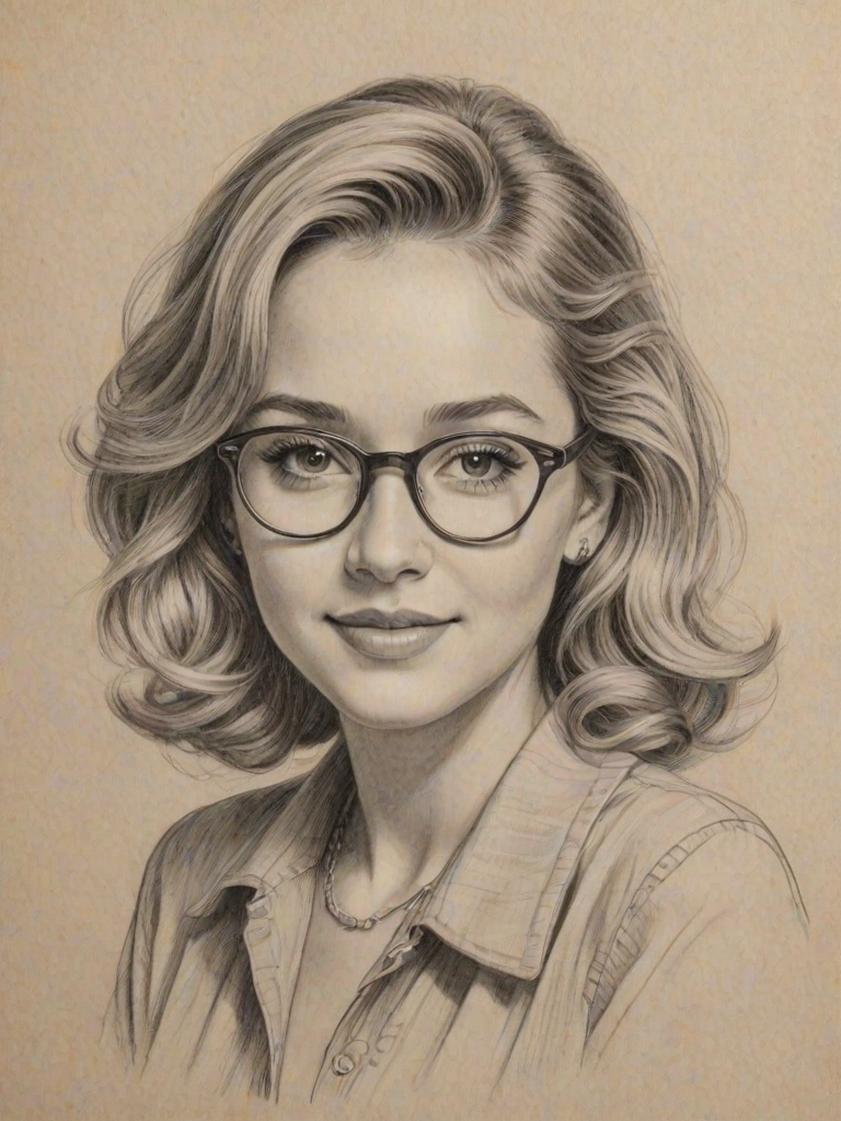 Enchanting Hannah Montana, pencil sketch, portrait of Exquisite woman 1943s in glasses, hair style beatnik, outline, clear lines, fine lines, 8k