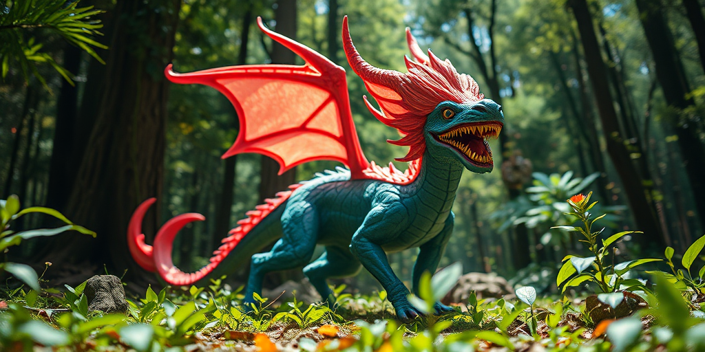 Generate a vibrant, high-resolution artwork of a mythical creature in a lush forest setting, using a Canon EOS R5 with a 50mm f/1.2 lens, aperture set to f/2.8, ISO 200, shutter speed 1/200s, captured from a low angle to emphasize depth and detail, with bright natural lighting to enhance colors.