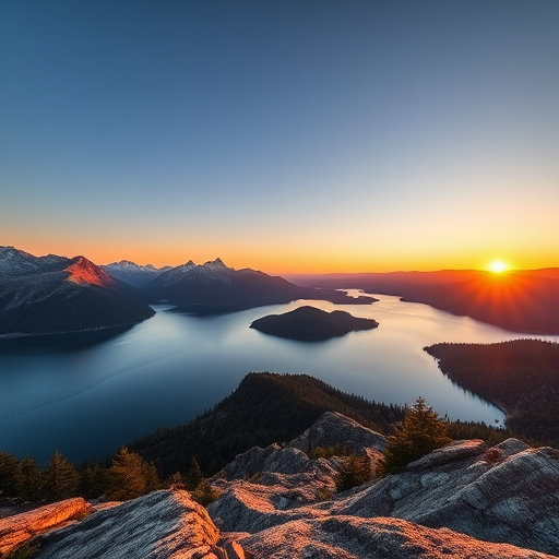 Regenerate a high-quality image of a serene lake surrounded by mountains at sunset, captured with a Canon EOS R5, focal length 24mm, aperture f/8, ISO 100, using a wide-angle lens for an expansive view and soft lighting for a tranquil atmosphere.