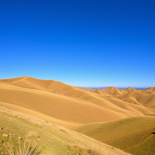 Generate an image of a serene landscape featuring rolling hills and a clear blue sky, shot with a DSLR camera at f/8 aperture, ISO 100, 1/250 sec shutter speed, wide-angle lens, and a vibrant color profile for enhanced image quality.