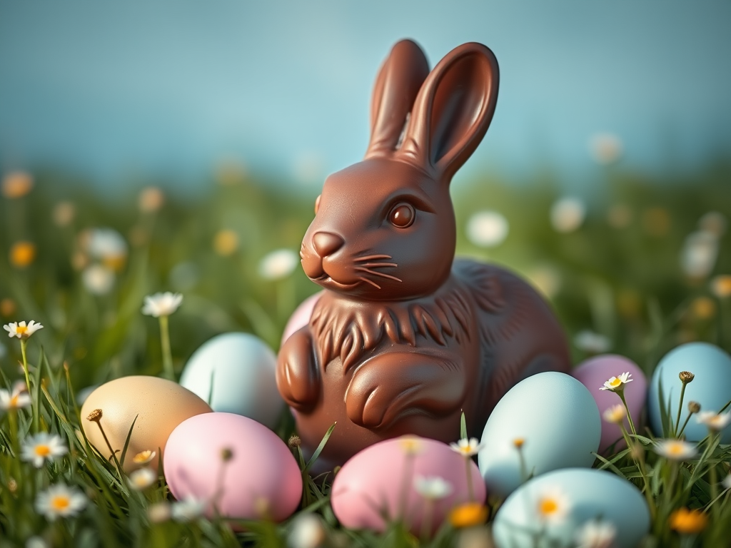 A beautifully crafted chocolate Easter bunny surrounded by pastel-colored eggs in a grassy field with delicate flowers, photographed with a Canon EOS R5 at f/2.8, 50mm lens, soft focus, natural lighting, high resolution.