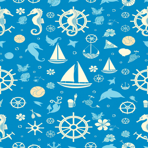 create a seamless pattern featuring blue marine elements like seahorses, sailboats, dolphins, shells, and steering wheels, using a high-resolution digital camera with a 50mm lens, f/8 aperture, and 100 ISO, in a flat lay style for enhanced clarity and detail