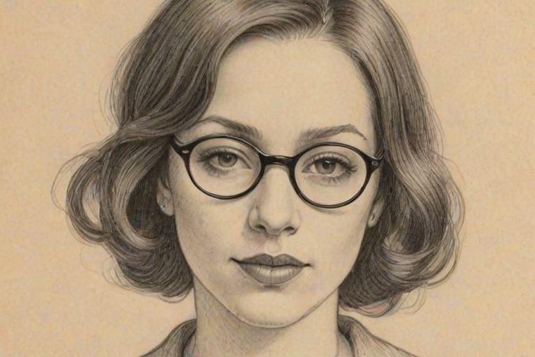 Comely Marla Sokoloff, pencil sketch, portrait of Bewitching woman 1925s in glasses, hair style beatnik, outline, clear lines, fine lines, 8k